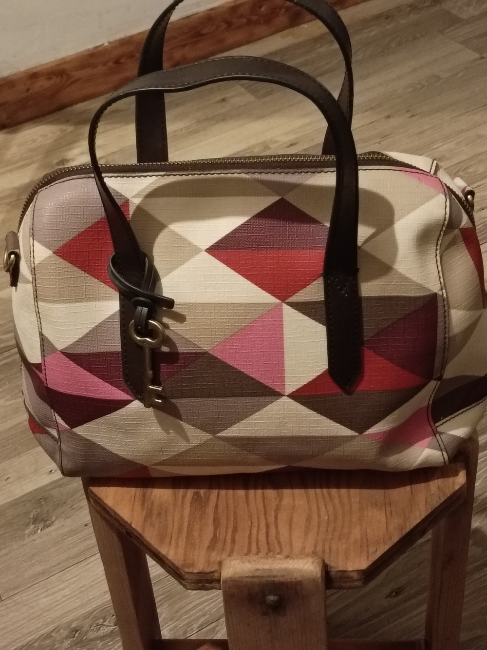 Fossil Geometric Pattern Dome Satchel Shoulder Bag - Pink & Brown